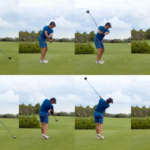 A shot showing stages of a golfer hitting a golf ball on a golf course