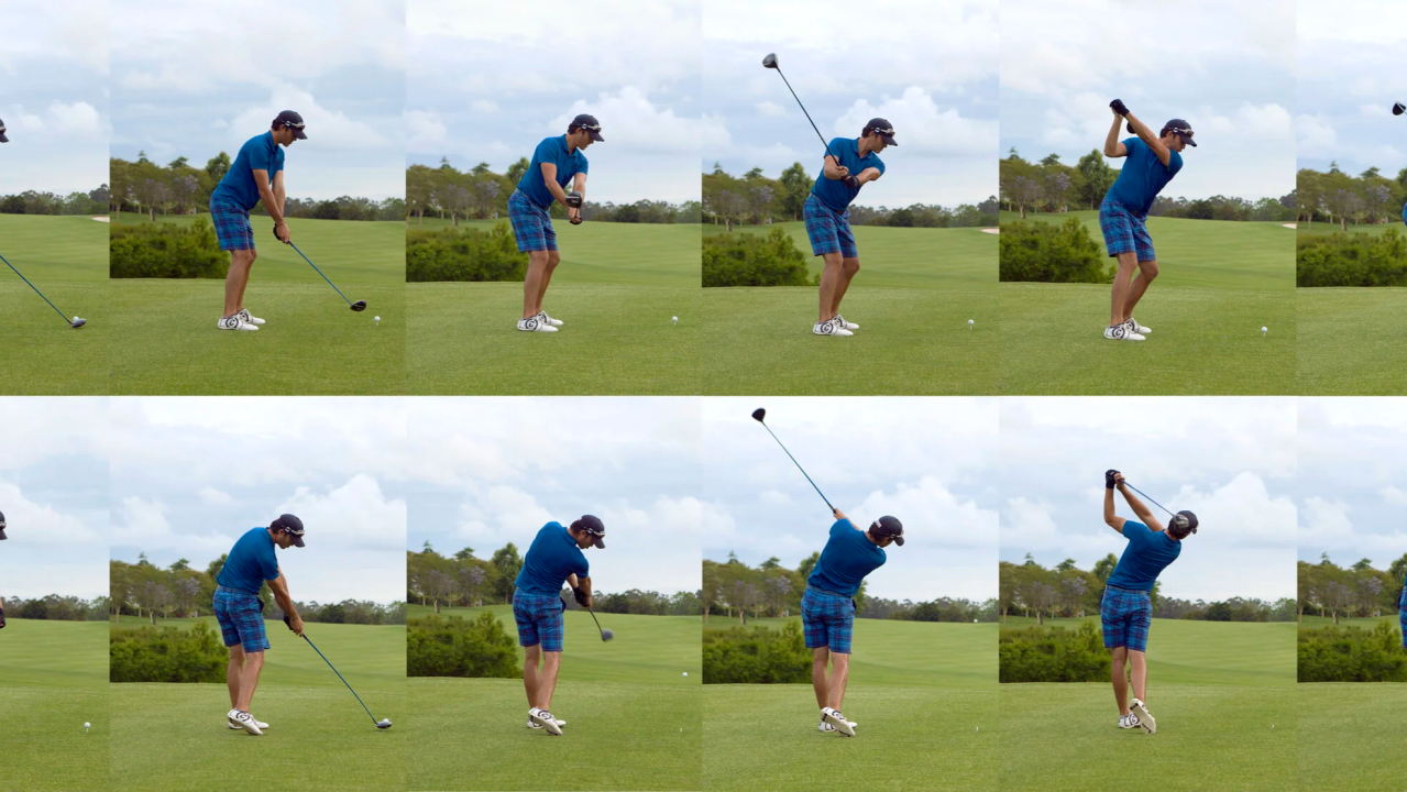 A shot showing stages of a golfer hitting a golf ball on a golf course
